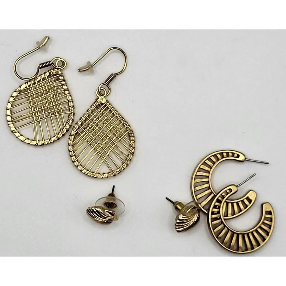 Lot of 3 Vintage Goldtone Earrings Hoop, dangle, Mermaid Shell